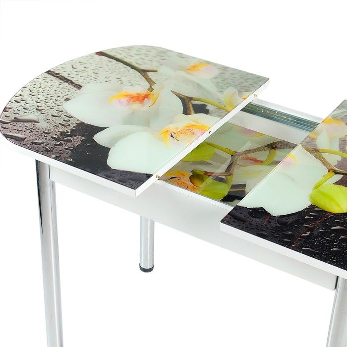 Пластиковый кухонный стол. Стол Орхидея белая ВВР. Стол раздвижной ВВР стекло. Стол раздвиж 1100(1450)*700 стекло ф\п(лайм 2)подстолье белое ВВР.